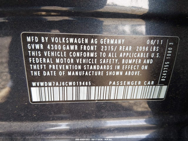 45891853 :رقم المزاد ، WVWDM7AJ6CW019465 vin ، 2012 Volkswagen Golf Tdi 4-door مزاد بيع