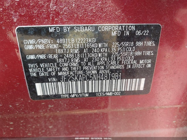 Aukcja sprzedaży 2022 Subaru Forester Limited, vin: JF2SKAPC5NH481981, numer aukcji: 45891855