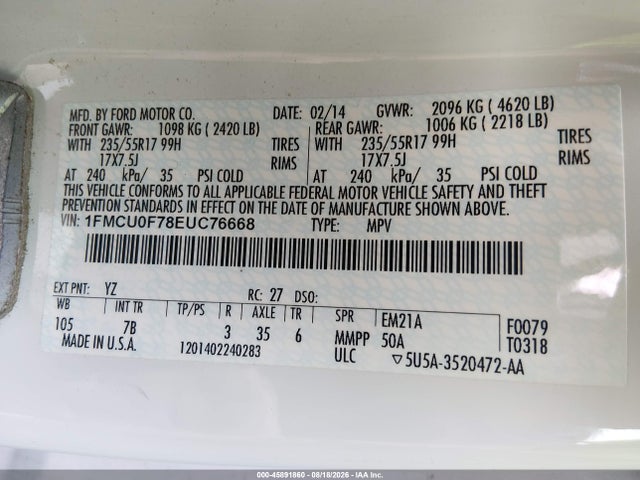 45891860 :رقم المزاد ، 1FMCU0F78EUC76668 vin ، 2014 Ford Escape S مزاد بيع