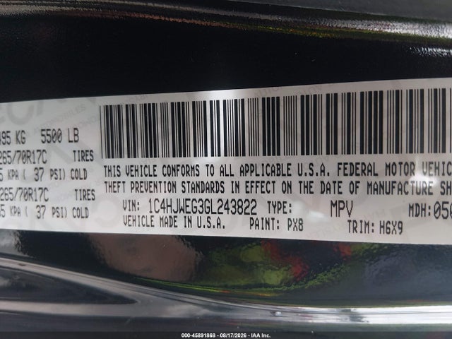 45891868 :رقم المزاد ، 1C4HJWEG3GL243822 vin ، 2016 Jeep Wrangler Unlimited Backcountry مزاد بيع