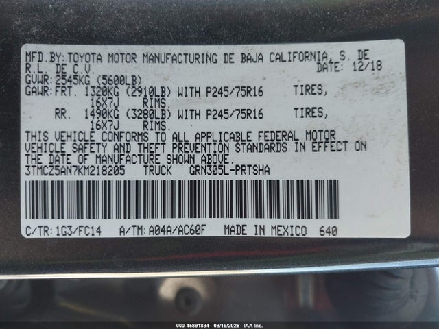 3TMCZ5AN7KM218205 Toyota Tacoma Sr5 V6
