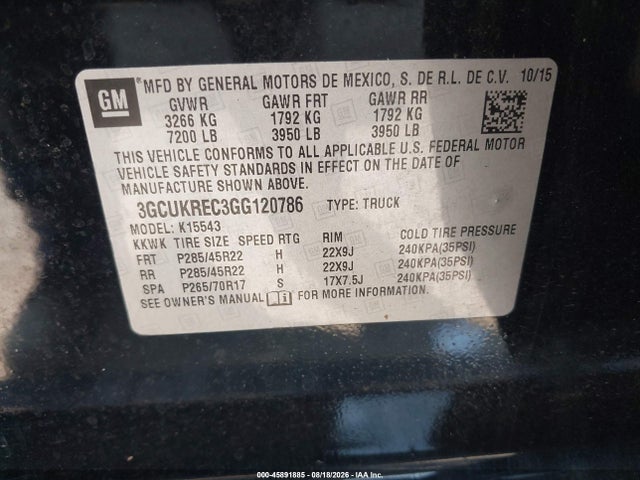 3GCUKREC3GG120786 Chevrolet Silverado 1500 Lt