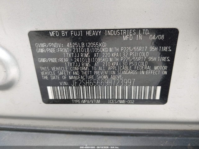 2009 Subaru Forester 2.5xt მანქანა იყიდება აუქციონზე, vin: JF2SH65669H723997, აუქციონის ნომერი: 45891888
