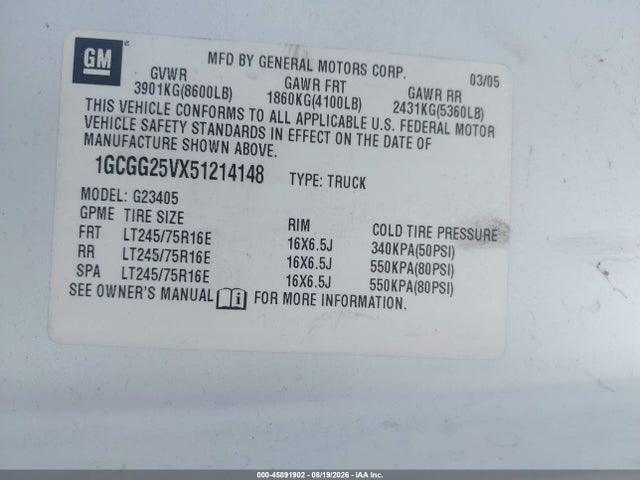 Aukcja sprzedaży 2005 Chevrolet Express, vin: 1GCGG25VX51214148, numer aukcji: 45891902