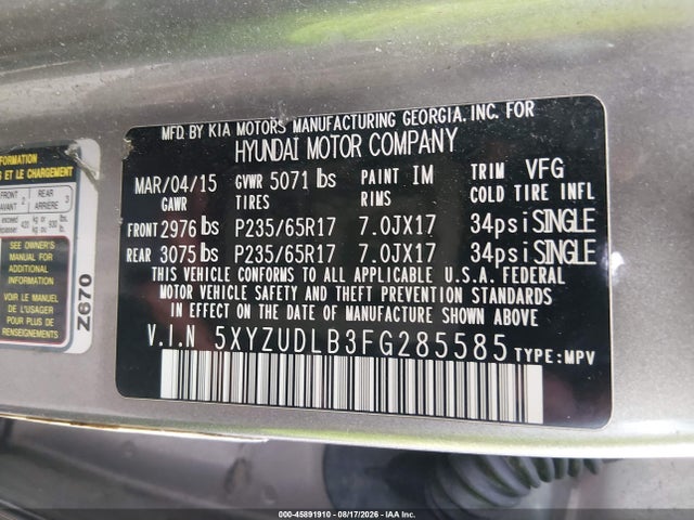 Продаж на аукціоні авто 2015 Hyundai Santa Fe Sport 2.4l, vin: 5XYZUDLB3FG285585, номер лоту: 45891910
