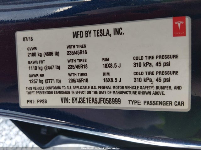 Продажа на аукционе авто 2018 Tesla Model 3 Long Range/mid Range, vin: 5YJ3E1EA5JF058999, номер лота: 45891921