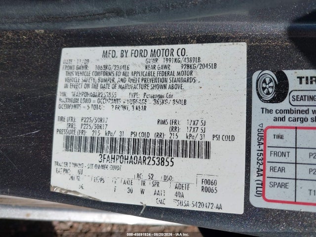 Aukcja sprzedaży 2010 Ford Fusion Se, vin: 3FAHP0HA0AR253855, numer aukcji: 45891924