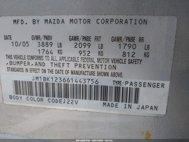 Aukcja sprzedaży 2006 Mazda Mazda3 S, vin: JM1BK123661443756, numer aukcji: 45891930
