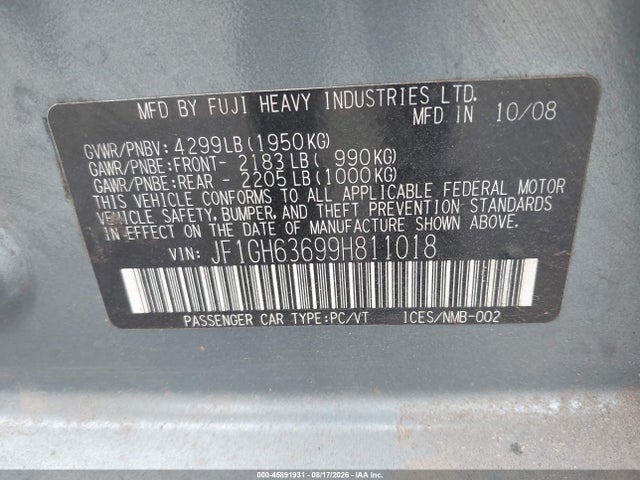 2009 Subaru Impreza Outback Sport მანქანა იყიდება აუქციონზე, vin: JF1GH63699H811018, აუქციონის ნომერი: 45891931