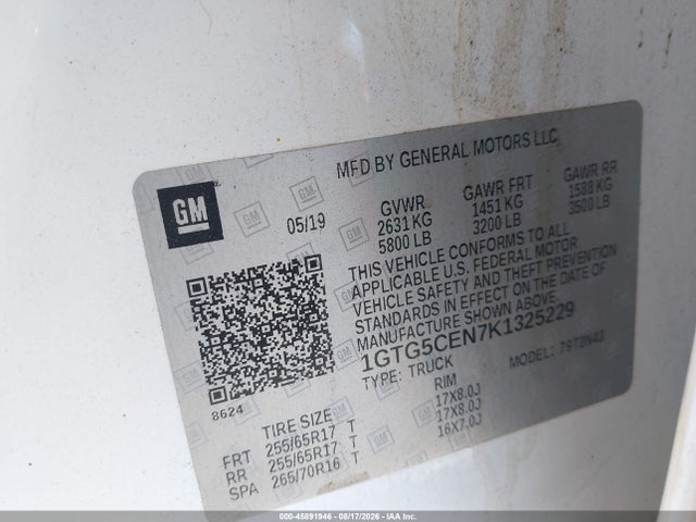 45891946 :رقم المزاد ، 1GTG5CEN7K1325229 vin ، 2019 Gmc Canyon Sle مزاد بيع