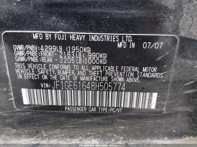 45891953 :رقم المزاد ، JF1GE61648H505774 vin ، 2008 Subaru Impreza 2.5i مزاد بيع