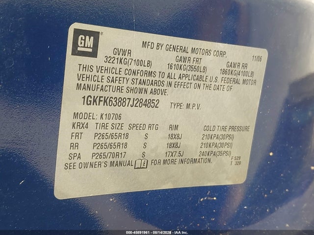 Продажа на аукционе авто 2007 Gmc Yukon Denali Denali, vin: 1GKFK63887J284852, номер лота: 45891961