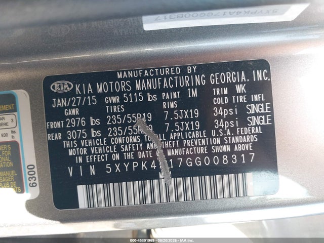 45891969 :رقم المزاد ، 5XYPK4A17GG008317 vin ، 2016 Kia Sorento 2.0t Sxl مزاد بيع