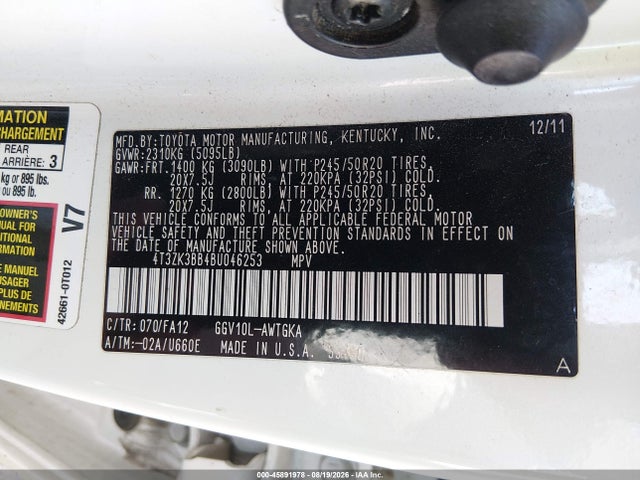 Продажа на аукционе авто 2011 Toyota Venza, vin: 4T3ZK3BB4BU046253, номер лота: 45891978