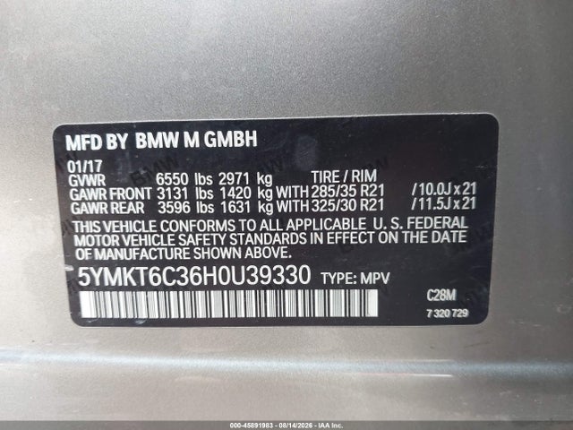 Aukcja sprzedaży 2017 Bmw X5 M, vin: 5YMKT6C36H0U39330, numer aukcji: 45891983