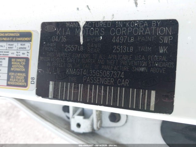 2016 Kia Optima Lx მანქანა იყიდება აუქციონზე, vin: KNAGT4L35G5087374, აუქციონის ნომერი: 45892007