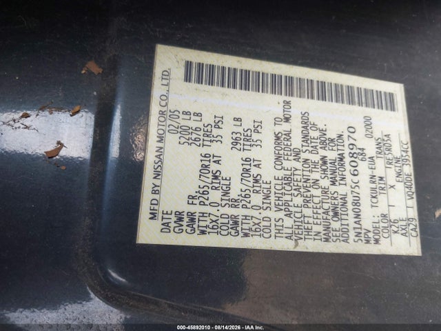 45892010 :رقم المزاد ، 5N1AN08U75C608970 vin ، 2005 Nissan Xterra S مزاد بيع
