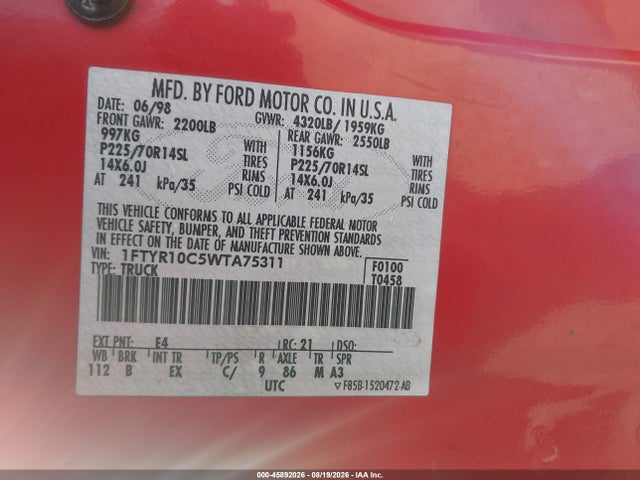 Продажа на аукционе авто 1998 Ford Ranger Splash/xl/xlt, vin: 1FTYR10C5WTA75311, номер лота: 45892026