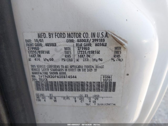 Aukcja sprzedaży 2002 Ford F-250 Lariat/xl/xlt, vin: 1FTNX20F62EB14544, numer aukcji: 45892027
