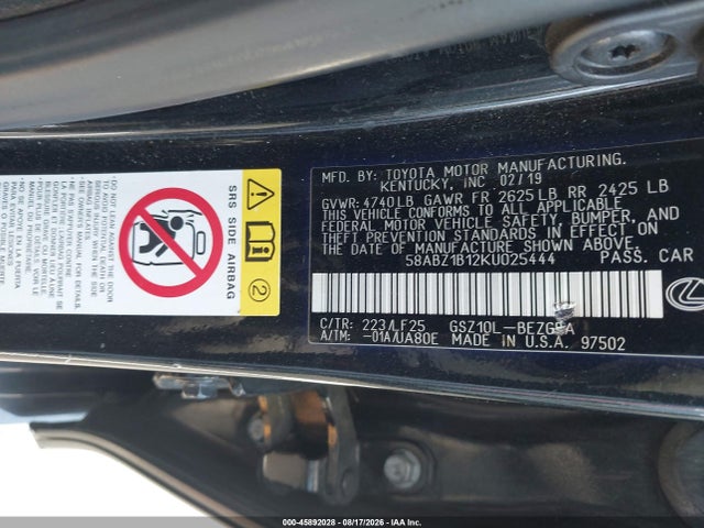 45892028 :رقم المزاد ، 58ABZ1B12KU025444 vin ، 2019 Lexus Es 350 F Sport مزاد بيع