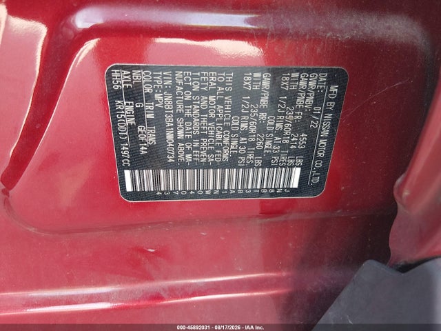 Aukcja sprzedaży 2022 Nissan Rogue Sv Fwd, vin: JN8BT3BA1NW040734, numer aukcji: 45892031