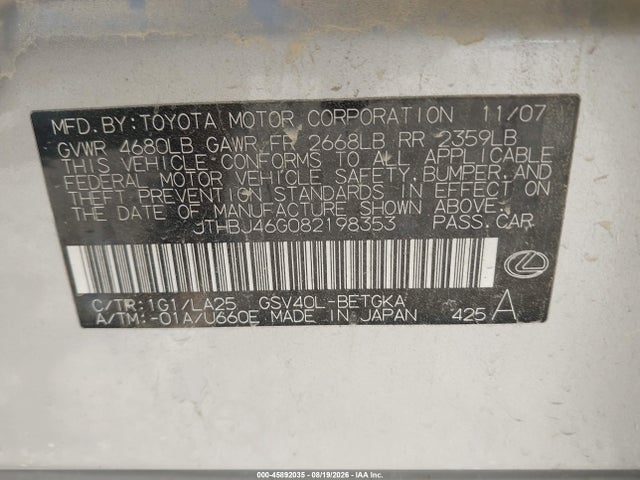 Aukcja sprzedaży 2008 Lexus Es 350, vin: JTHBJ46G082198353, numer aukcji: 45892035