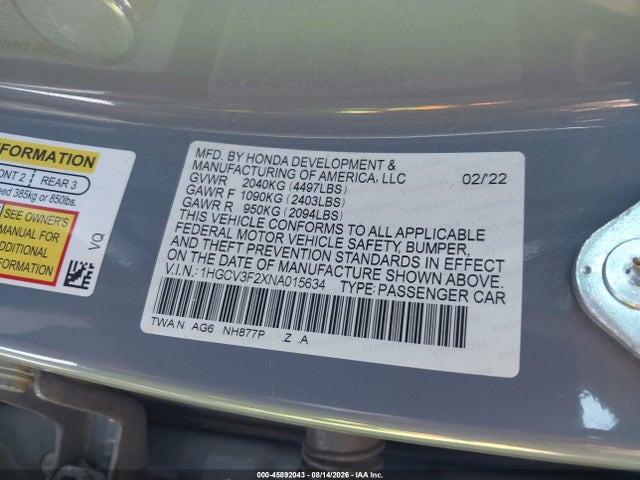 1HGCV3F2XNA015634 Honda Accord Hybrid Sport