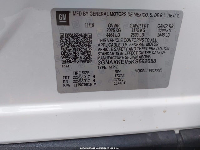 45892047 :رقم المزاد ، 3GNAXKEV5KS562088 vin ، 2019 Chevrolet Equinox Lt مزاد بيع
