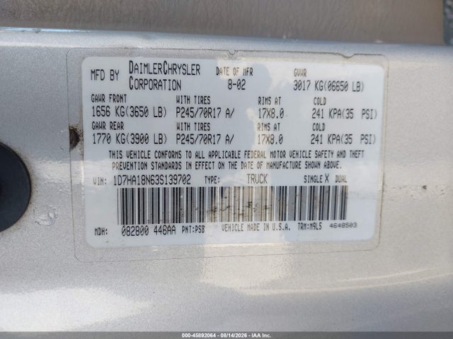 45892064 :رقم المزاد ، 1D7HA18N63S139702 vin ، 2003 Dodge Ram 1500 Slt/laramie/st مزاد بيع