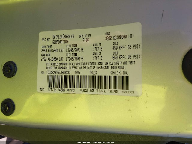 45892082 :رقم المزاد ، 1D7KS28D57J508237 vin ، 2007 Dodge Ram 2500 St مزاد بيع