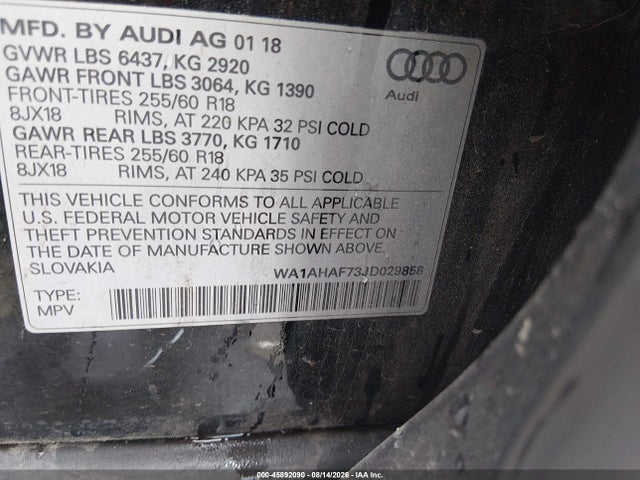 45892090 :رقم المزاد ، WA1AHAF73JD029858 vin ، 2018 Audi Q7 2.0t Premium مزاد بيع