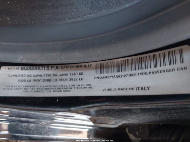 2018 Maserati Ghibli S მანქანა იყიდება აუქციონზე, vin: ZAM57YSA9J1271006, აუქციონის ნომერი: 45892092