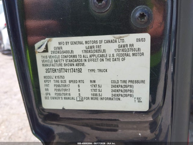 Продаж на аукціоні авто 2004 Gmc Sierra 1500 Sle, vin: 2GTEK19T741174192, номер лоту: 45892094