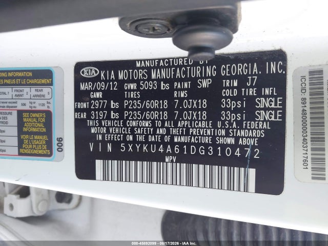 45892099 :رقم المزاد ، 5XYKU4A61DG310472 vin ، 2013 Kia Sorento Ex مزاد بيع
