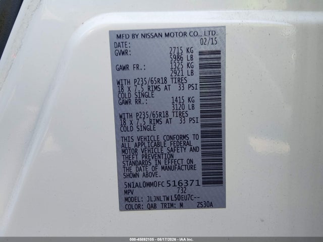 2015 Infiniti Qx60 მანქანა იყიდება აუქციონზე, vin: 5N1AL0MM0FC516371, აუქციონის ნომერი: 45892105