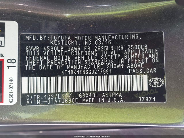 45892123 :رقم المزاد ، 4T1BK1EB6GU217991 vin ، 2016 Toyota Avalon Touring/xle Plus مزاد بيع
