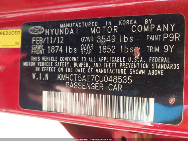2012 Hyundai Accent Gs მანქანა იყიდება აუქციონზე, vin: KMHCT5AE7CU048535, აუქციონის ნომერი: 45892127