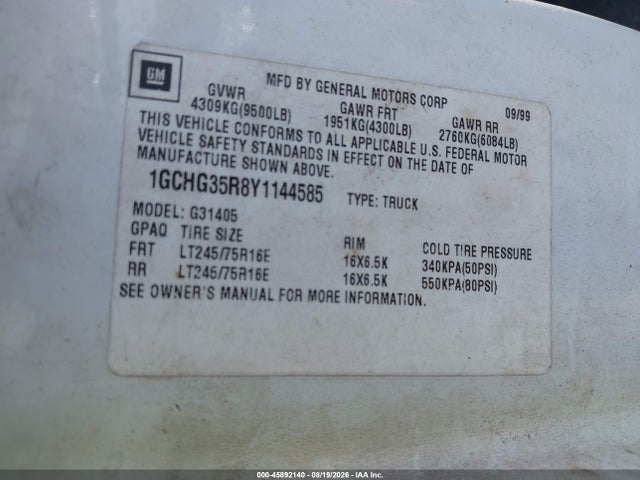 45892140 :رقم المزاد ، 1GCHG35R8Y1144585 vin ، 2000 Chevrolet Express مزاد بيع
