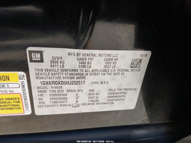 Продажа на аукционе авто 2017 Chevrolet Traverse Lt, vin: 1GNKRGKD9HJ202517, номер лота: 45892149