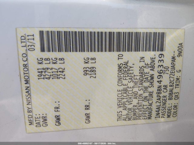Auction sale of the 2011 Nissan Altima 2.5 S, vin: 1N4AL2AP8BN496339, lot number: 45892157