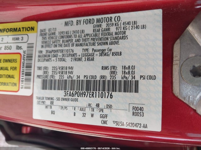 Ford FUSION SE 2014 3FA6P0H97ER110176 Image 9