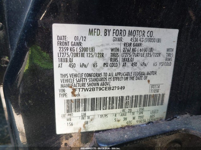 Продаж на аукціоні авто 2012 Ford F-250 Lariat, vin: 1FT7W2BT9CEB27949, номер лоту: 45892170