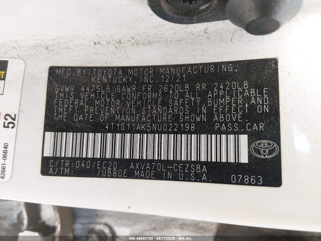 45892180 :رقم المزاد ، 4T1G11AK5NU022198 vin ، 2022 Toyota Camry Se Nightshade Edition مزاد بيع