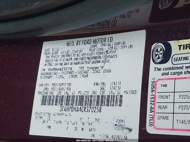 Продажа на аукционе авто 2012 Ford Fusion Se, vin: 3FAHP0HA4CR370258, номер лота: 45892194