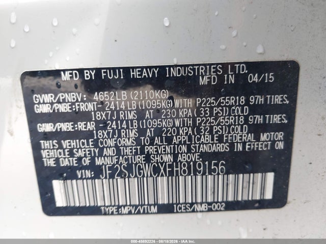Aukcja sprzedaży 2015 Subaru Forester 2.0xt Touring, vin: JF2SJGWCXFH819156, numer aukcji: 45892226