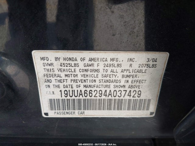 Aukcja sprzedaży 2004 Acura Tl, vin: 19UUA66294A037429, numer aukcji: 45892232