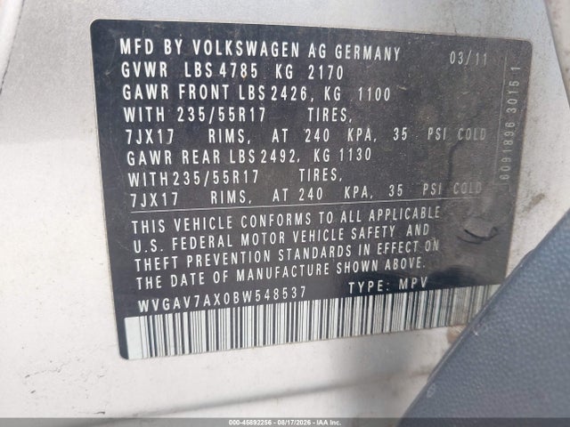 Aukcja sprzedaży 2011 Volkswagen Tiguan Se, vin: WVGAV7AX0BW548537, numer aukcji: 45892256