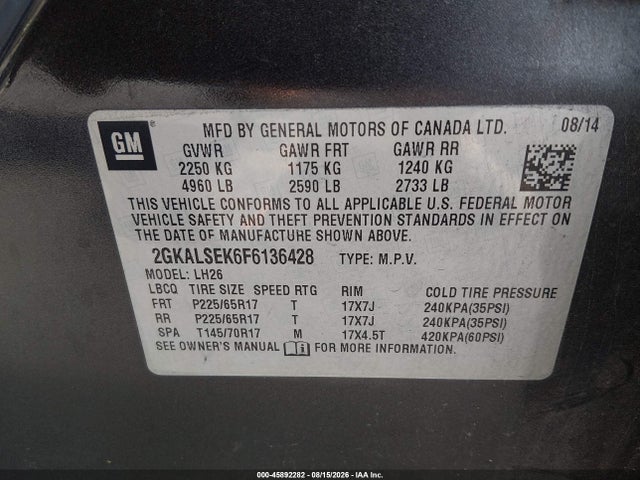Auction sale of the 2015 Gmc Terrain Slt-1, vin: 2GKALSEK6F6136428, lot number: 45892282