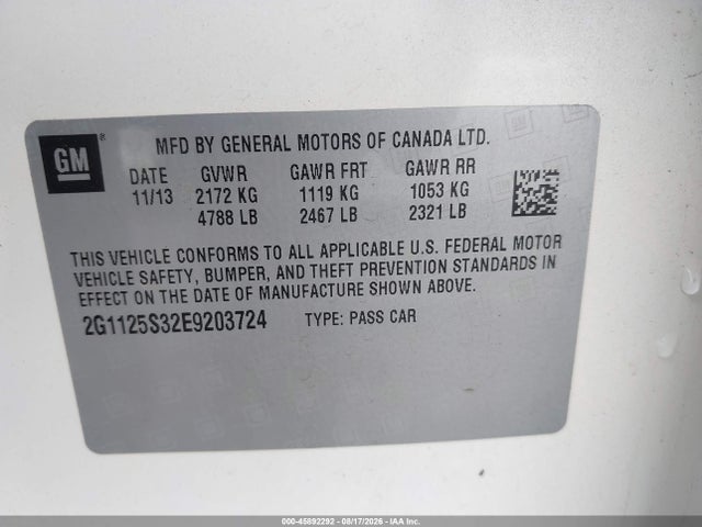 Aukcja sprzedaży 2014 Chevrolet Impala 2lt, vin: 2G1125S32E9203724, numer aukcji: 45892292