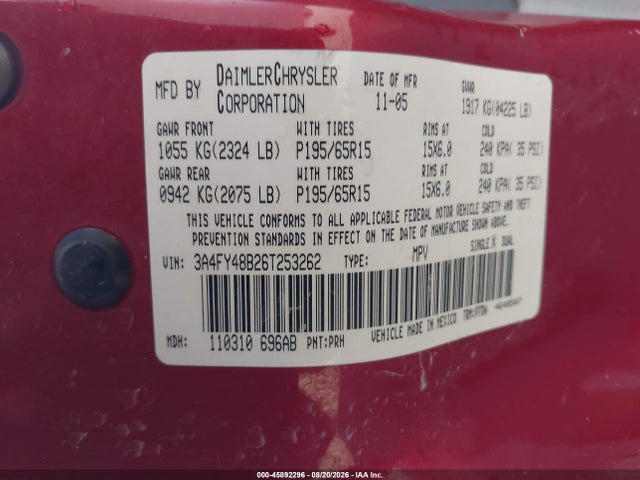 Aukcja sprzedaży 2006 Chrysler Pt Cruiser, vin: 3A4FY48B26T253262, numer aukcji: 45892296